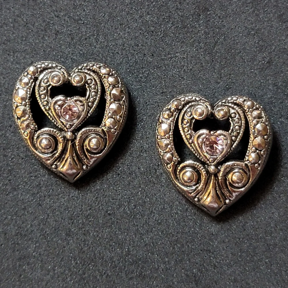 1994 Vintage Avon Elegant Era Crystal Heart Faux Marcasite and Amethyst Earrings
